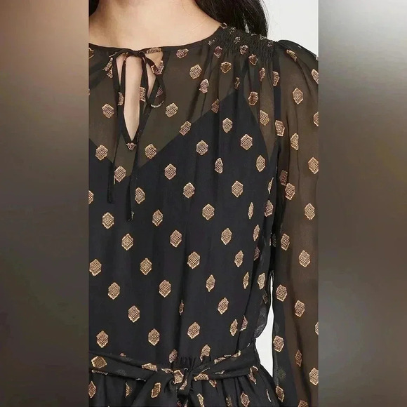 Shoshanna Benson Tiered Long Sleeve Sheer Metallic Chiffon Midi Dress Jet/Bronze - Picture 2 of 12